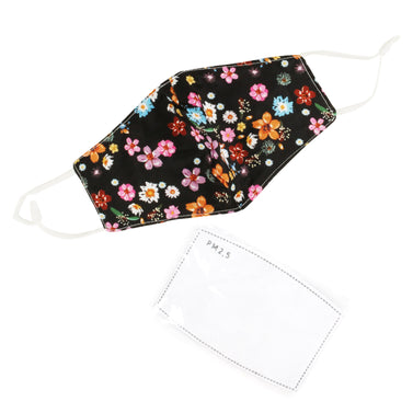 Washable Fabric Face Mask With Adjustable Ear Loops - Black Flower Pattern