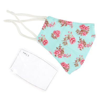 Washable Fabric Face Mask With Adjustable Ear Loops - Blue Flower Pattern