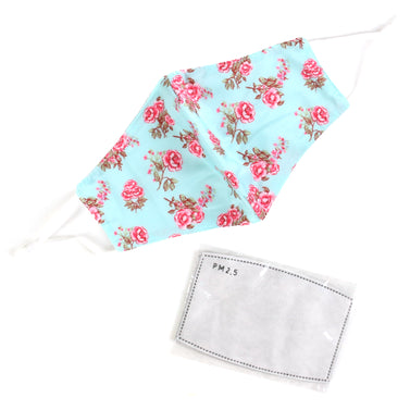 Washable Fabric Face Mask With Adjustable Ear Loops - Blue Flower Pattern