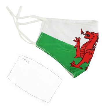 Washable Fabric Face Mask With Adjustable Ear Loops - Wales Flag Pattern