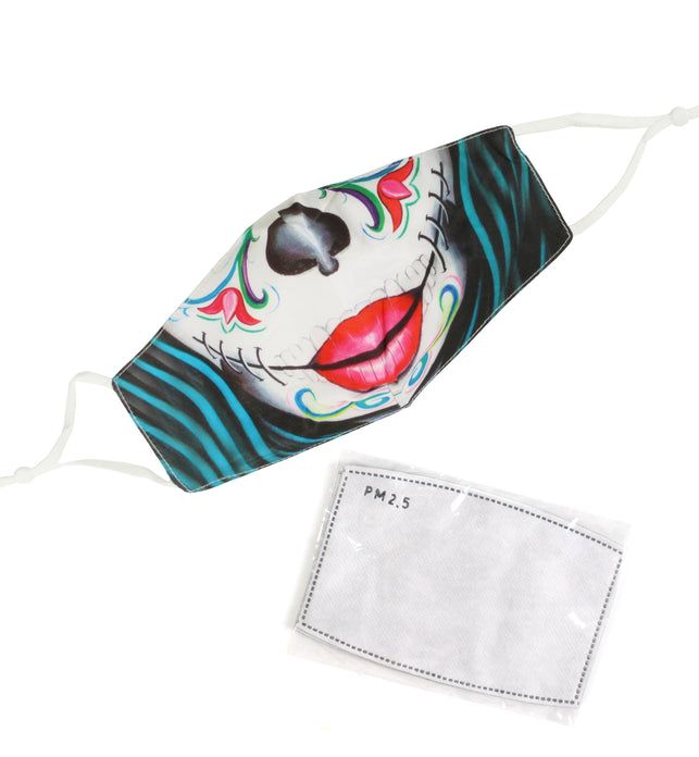 Washable Fabric Face Mask With Adjustable Ear Loops - Candy Skull Print